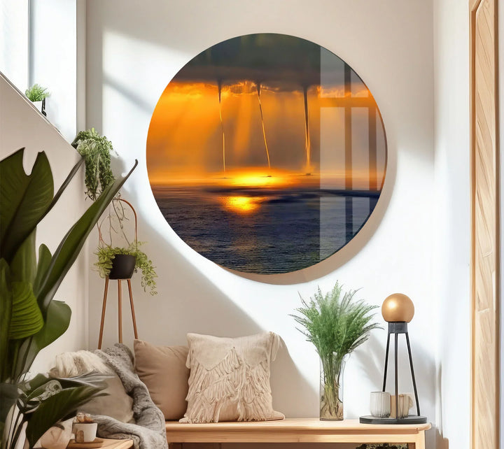 Golden Ocean Sunset with Rain Funnels – Dramatic Seascape Glass Wall Art - MyPhotoStation