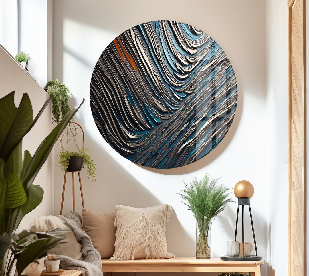 Textured Waves Abstract Glass Wall Art – Blue & Metallic Modern Decor