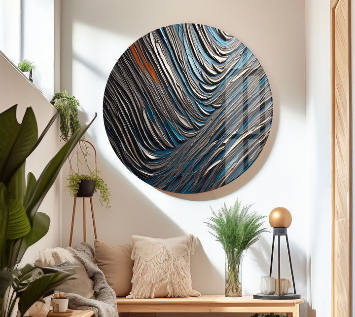 Textured Waves Abstract Glass Wall Art – Blue & Metallic Modern Decor