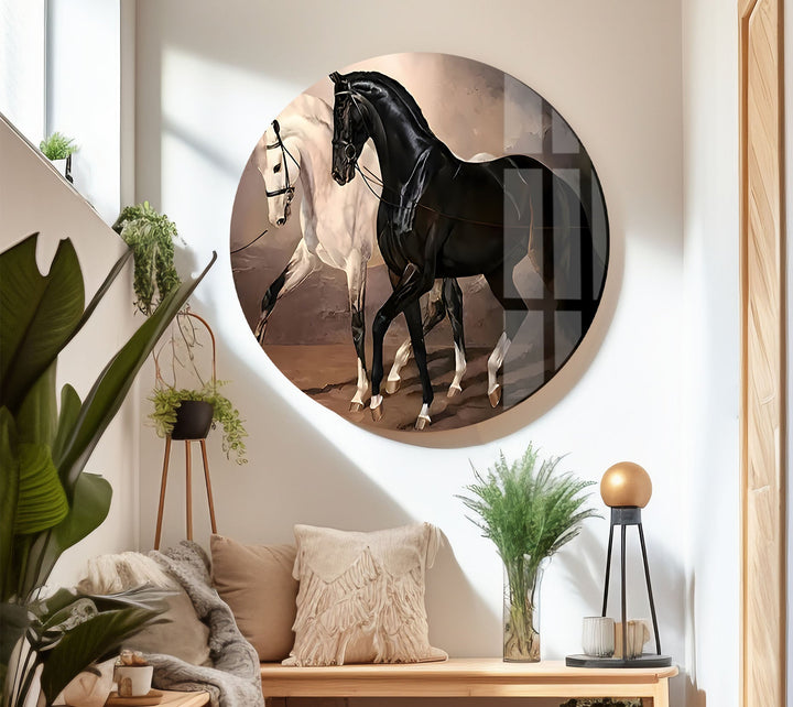 Black & White Horses Glass Wall Art glass art painting, glass art for the Wall

