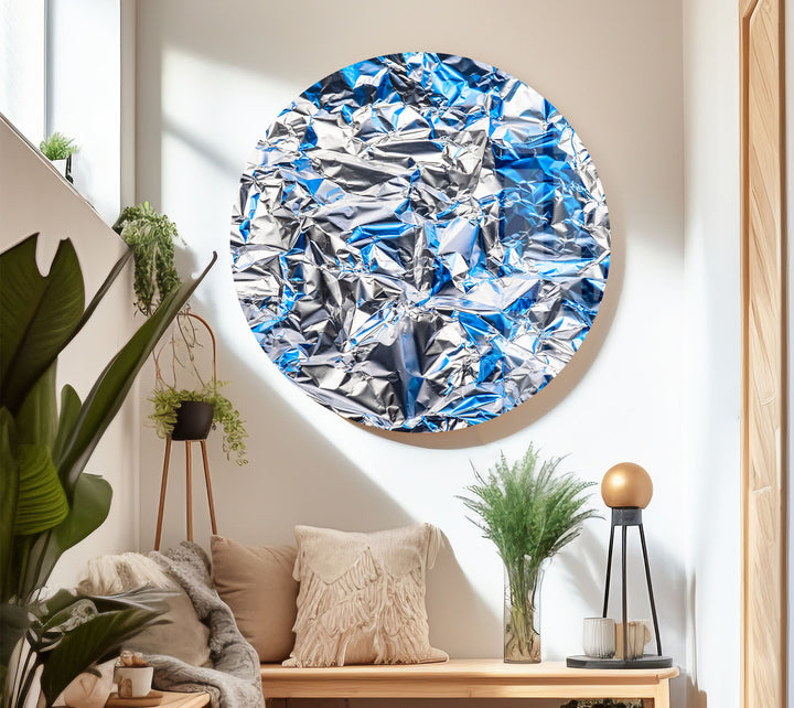 Crinkled Silver Foil Wall Art – Abstract Metallic Texture Glass Print