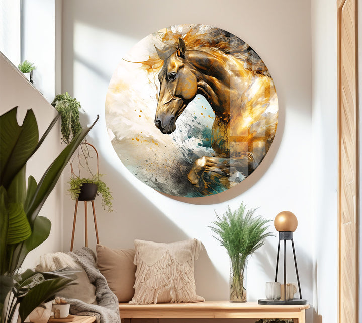 Golden Gallop Wandkunst – Majestätisches Pferd Abstraktes Glasdruckdekor