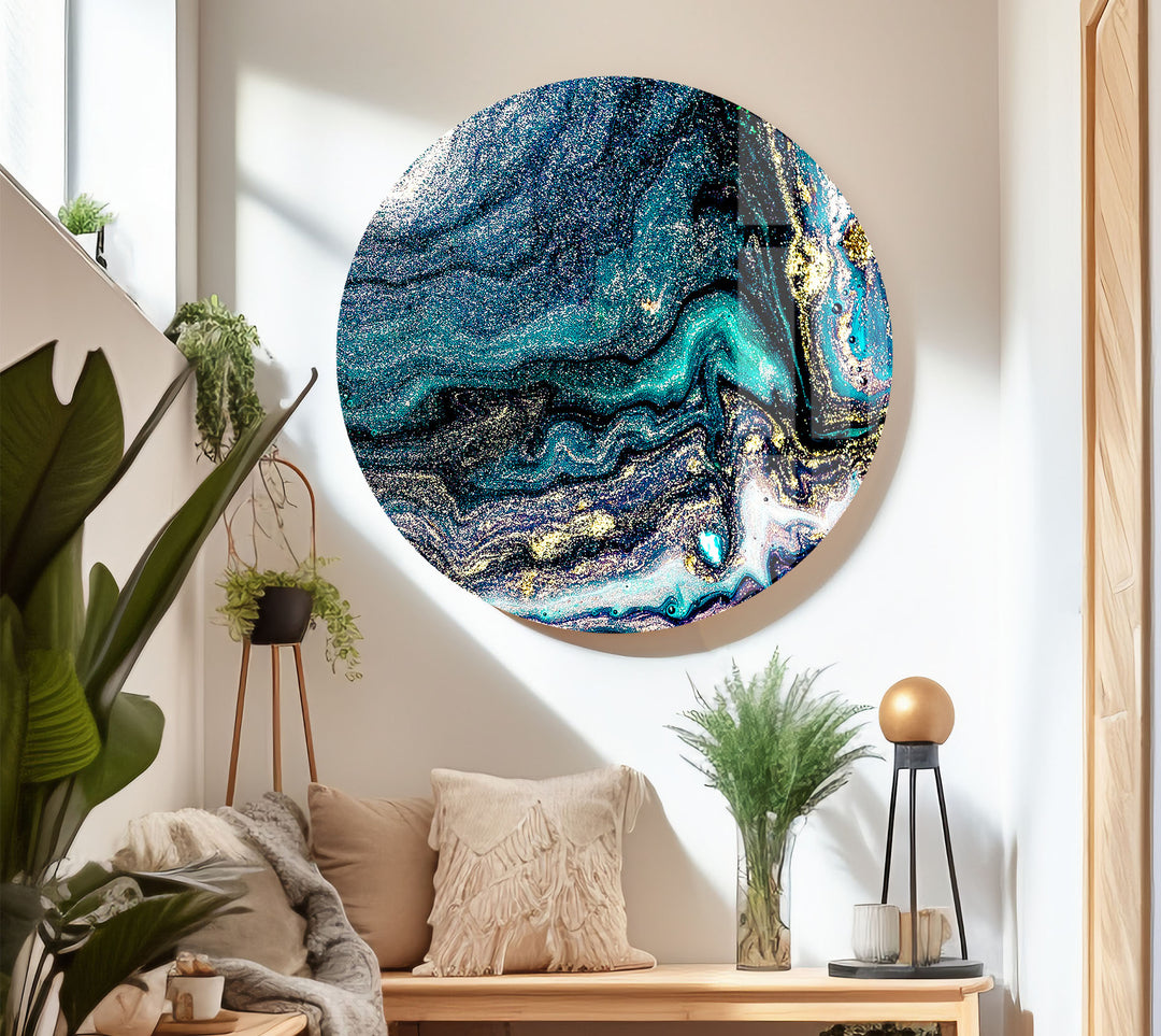 Galaxy Marble Wall Art | Teal Gold Abstract Glass Print for Walls