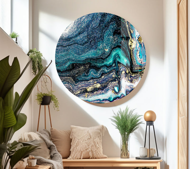 Galaxy Marble Wall Art | Teal Gold Abstract Glass Print for Walls