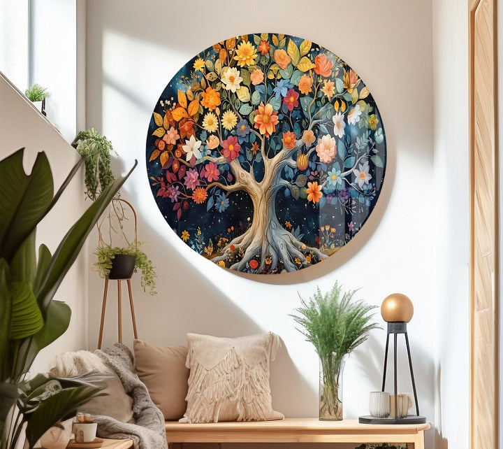 Colored Flower Tree Night Glass Wall Art Glass Printing Wall Art, Print photos on glass
