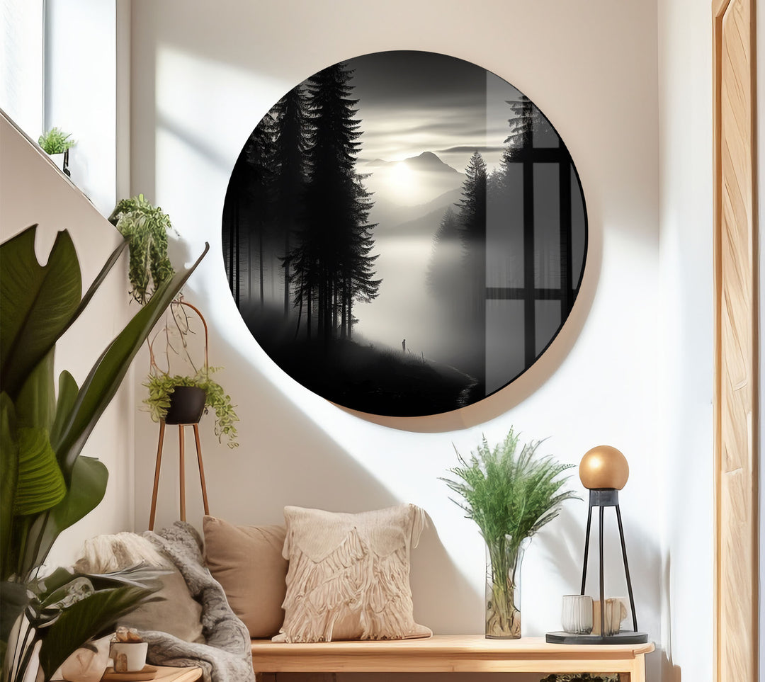 Foggy Forest Black and White Wall Art – Minimalist Glass Print Decor