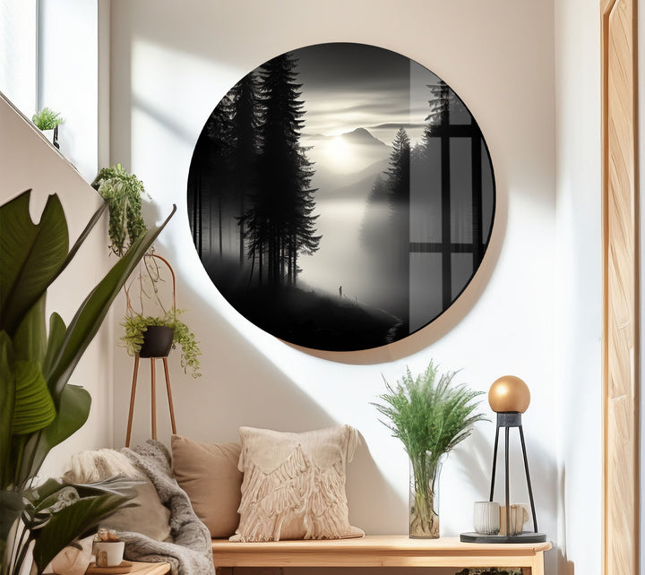 Foggy Forest Black and White Wall Art – Minimalist Glass Print Decor