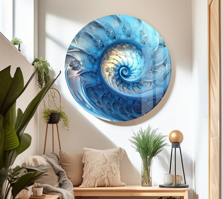 Blue Fractal Spiral Wall Art – Abstract Nautilus Glass Print for Modern Interiors