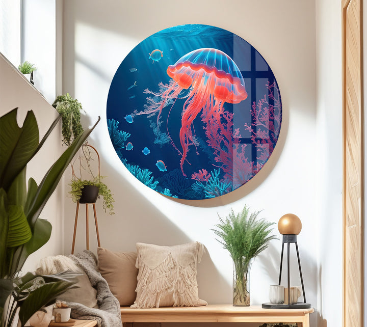 Neon Quallen Wandkunst – Unterwasser Ozean Szene Glas Druck Dekor