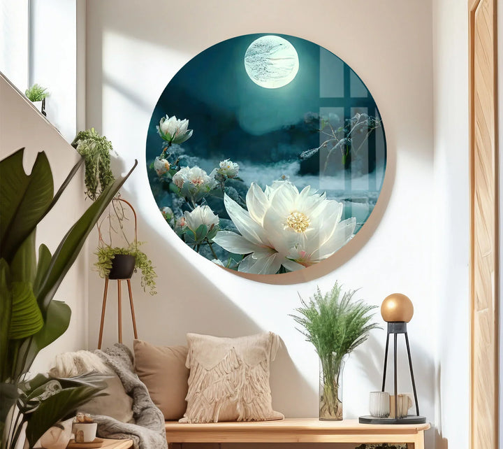 Moonlit White Lotus Glass Wall Art – Tranquil Floral Design with Ethereal Night Glow - MyPhotoStation