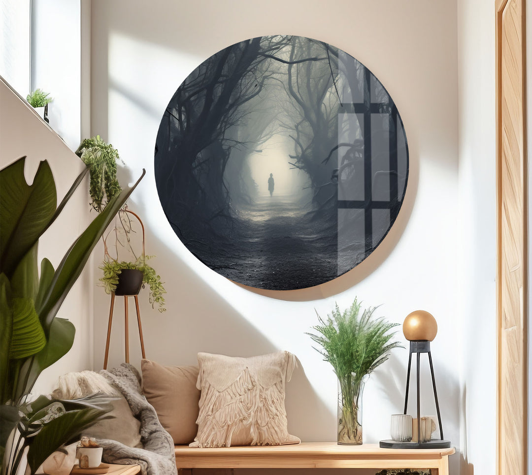 Geheimnisvoller Waldweg Wandkunst – Dunkler Fantasy-Glasdruck für die Inneneinrichtung 