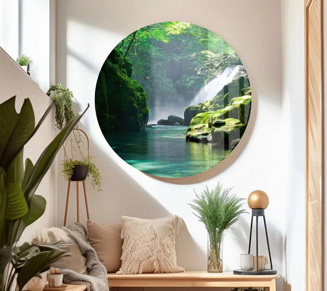 Tranquil Forest Waterfall Wall Art – Serene Nature Glass Print for Zen-Inspired Decor - MyPhotoStation