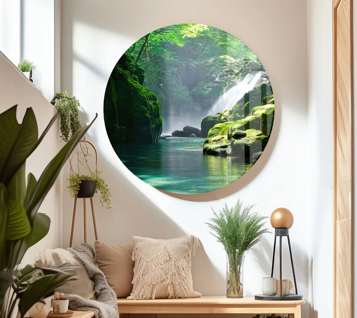 Tranquil Forest Waterfall Wall Art – Serene Nature Glass Print for Zen-Inspired Decor - MyPhotoStation