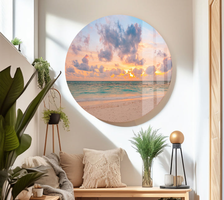 Pastel Beach Sunset Wall Art – Tranquil Ocean Shoreline Glass Print for Calm Spaces