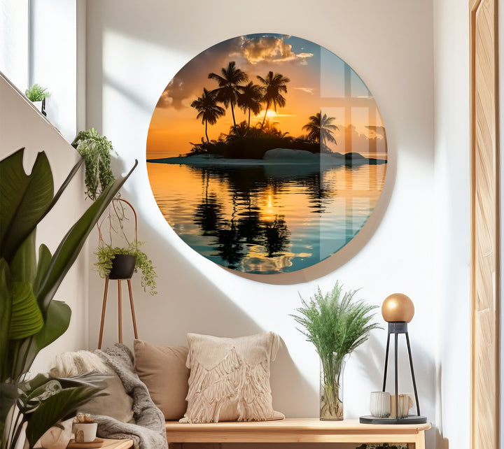 Tropical Island Sunset Wall Art – Serene Beach Glass Print for Relaxing Interiors