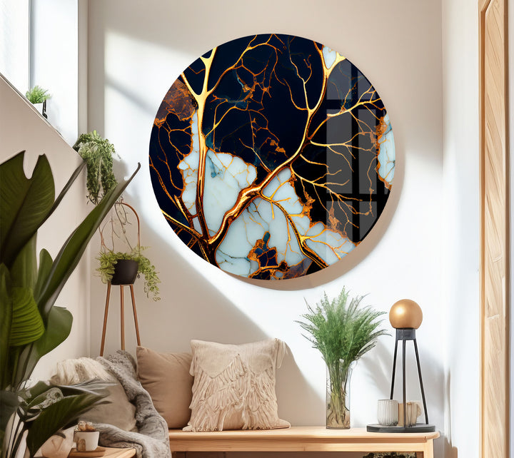 Electric Veins Abstrakte Wandkunst – Goldmarmor-inspirierter Glasdruck