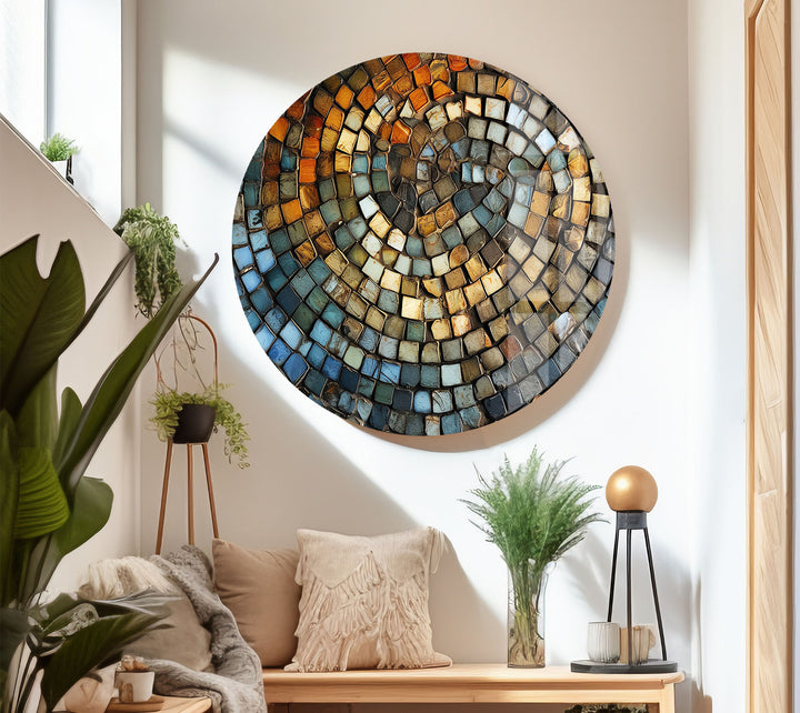 Rustikale Mosaik-Wandkunst – Abstraktes Spiraldesign aus Steinfliesen für moderne Innenräume