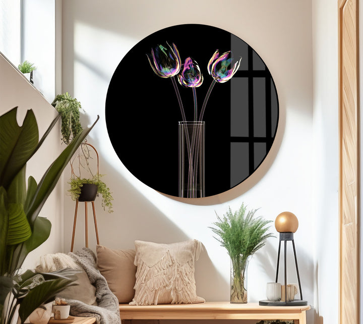 Iridescent Tulips Wall Art – Modern Floral Glass Print with Vase