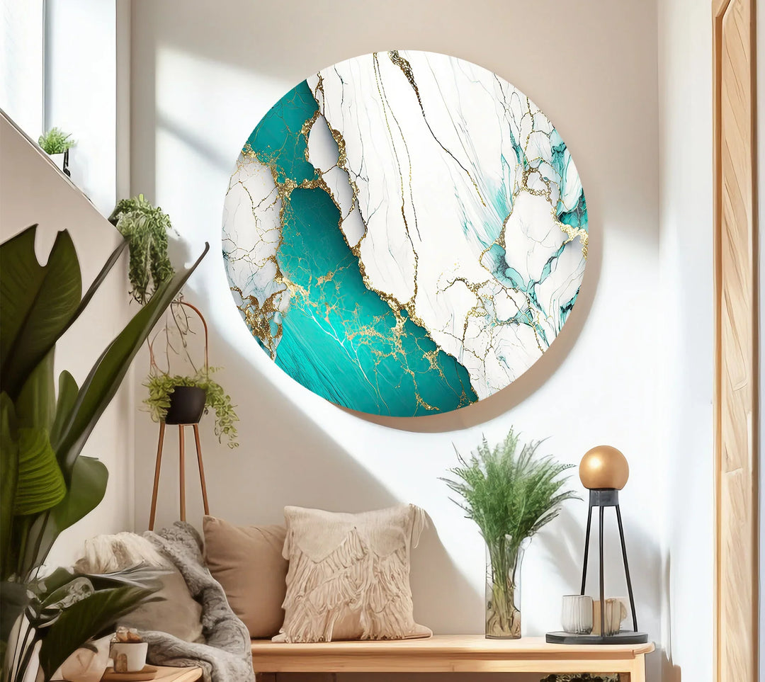 Teal and White Marble Wall Art – Luxury Abstract Glass Print with Gold Veins for Modern Interiors - MyPhotoStation