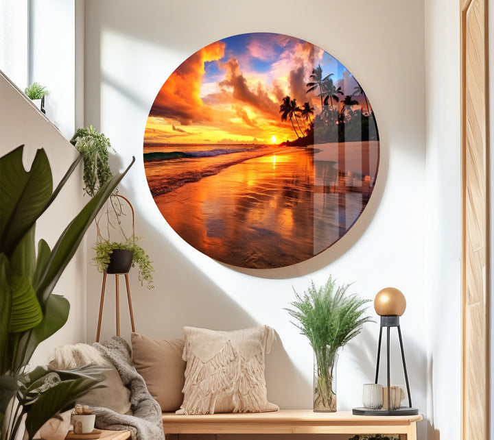 Fiery Tropical Sunset Wall Art – Vibrant Beach Reflection Glass Print for Bold Interiors