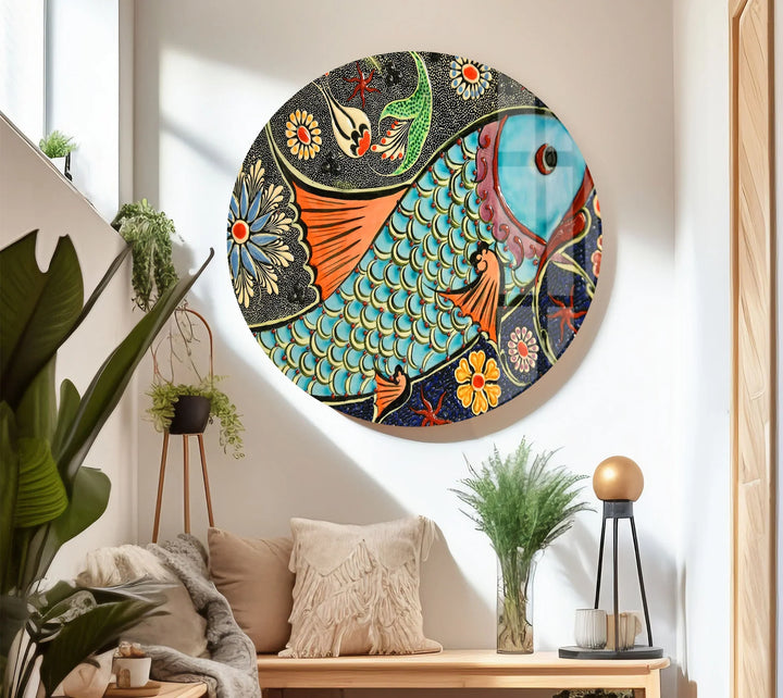 Floral Patterned Fish Wall Art – Turkish Ceramic-Inspired Glass Print - MyPhotoStation