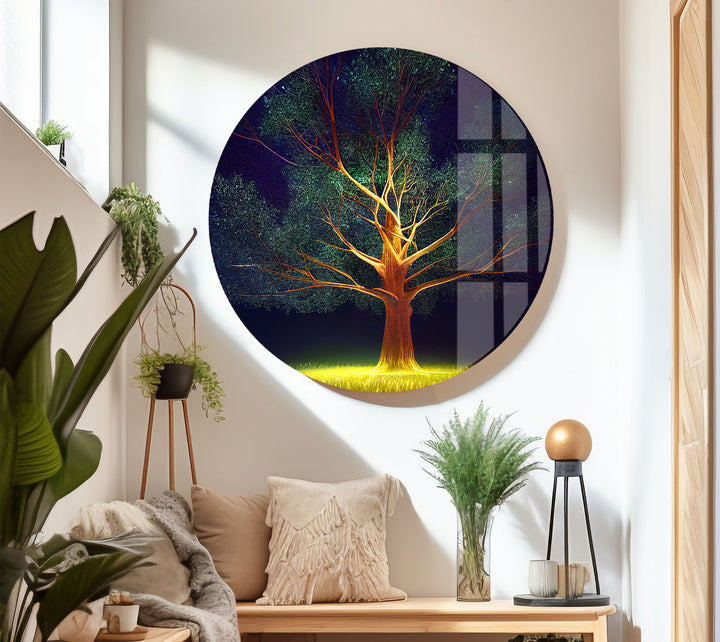 Leuchtende Baum-Wandkunst – Beleuchtetes Nachtwald-Glasdruckdesign