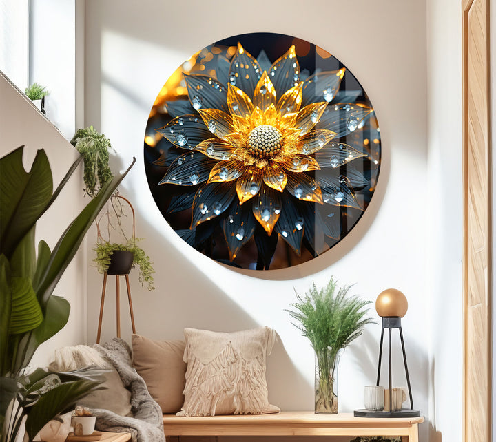 Golden Glow Floral Wall Art – Illuminated Flower Glass Print Design