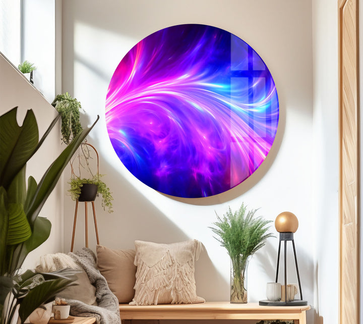 Wandkunst mit kosmischer Energie – Lebendiger abstrakter Glasdruck mit Neonwirbel 