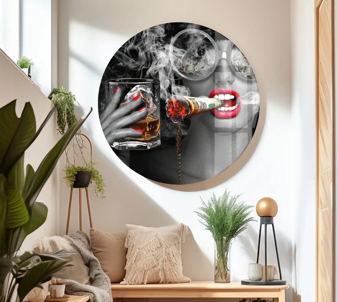 Luxury Diva Wall Art with Whiskey and Dollar Cigar – Bold Glam Glass Print - MyPhotoStation