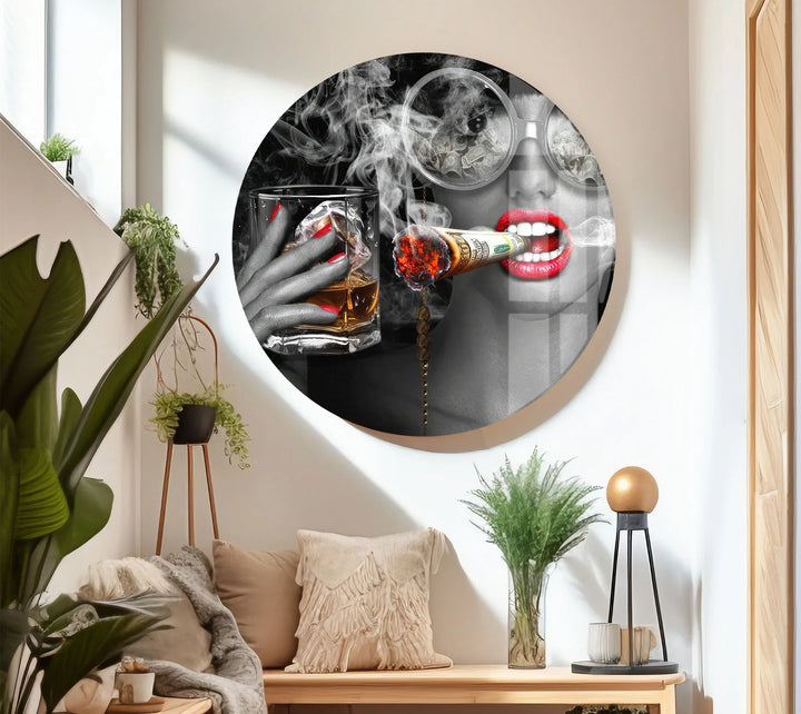 Luxury Diva Wall Art with Whiskey and Dollar Cigar – Bold Glam Glass Print - MyPhotoStation