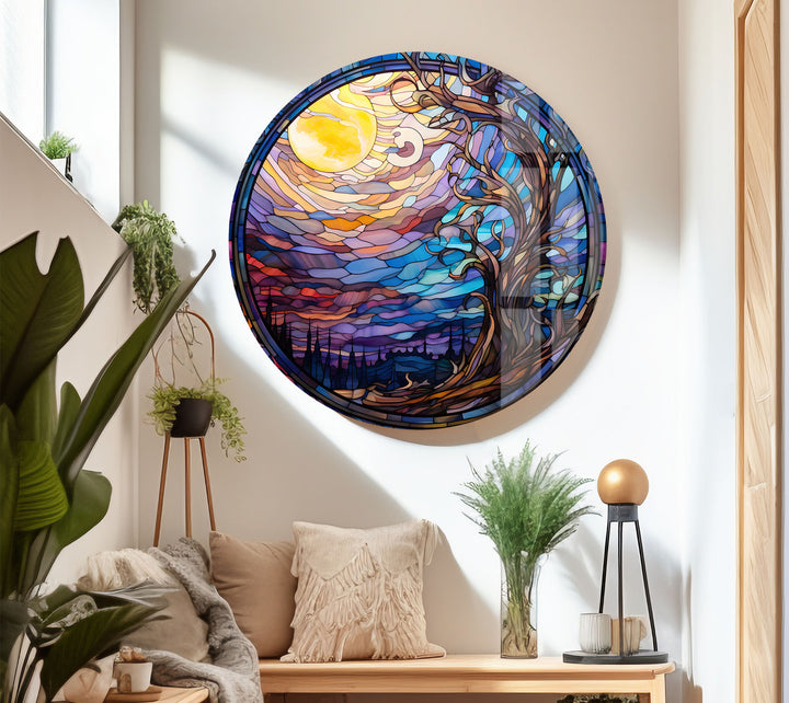 Mystic Moon Buntglas-Wandkunst – Verzauberter Baum &amp; Nachthimmel-Dekor