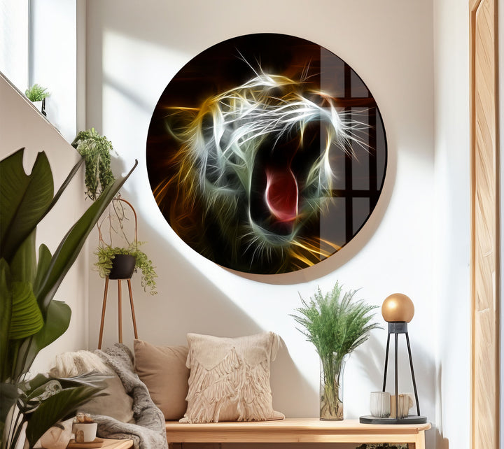 Electric Roar Tiger Wandkunst – Neon Wildtier Glasdruck Dekor