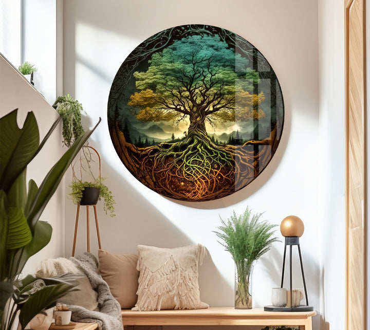 Wandkunst „Baum des Lebens“ – Lebendige Wurzeln und Waldenergie-Glasdruckdesign