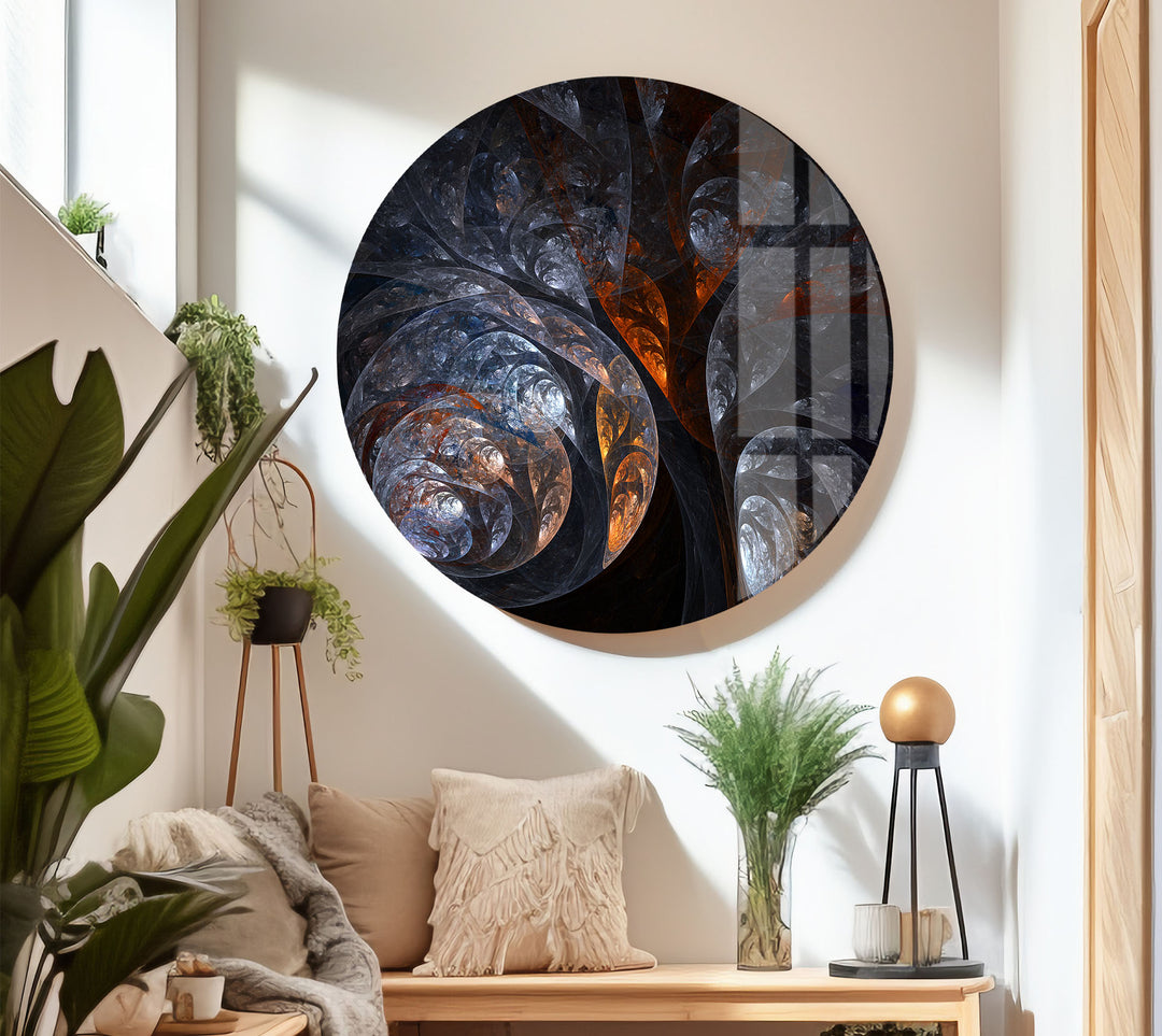 Cosmic Fractal Swirl Wall Art – Dark Abstract Universe Glass Print