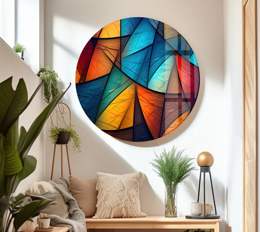 Colorful Abstract Geometric Glass Wall Art – Bold Triangle Pattern Decor - MyPhotoStation