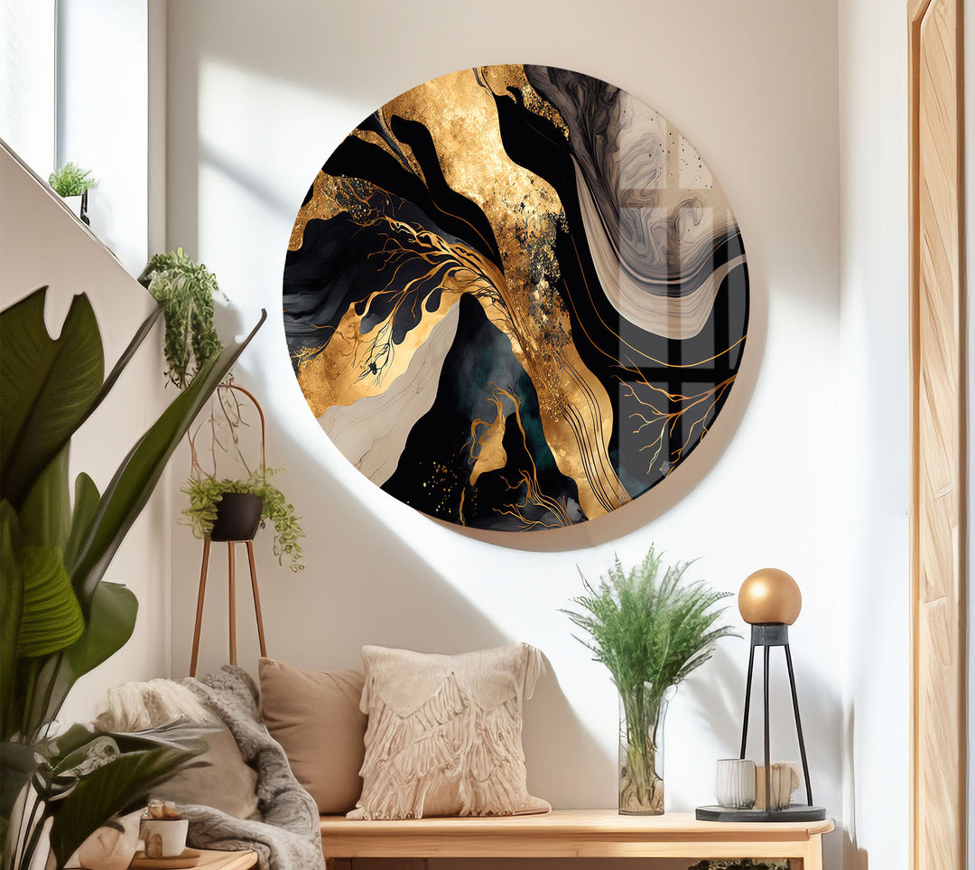 Black & Gold Abstract Glass Wall Art – Luxury Modern Fluid Design