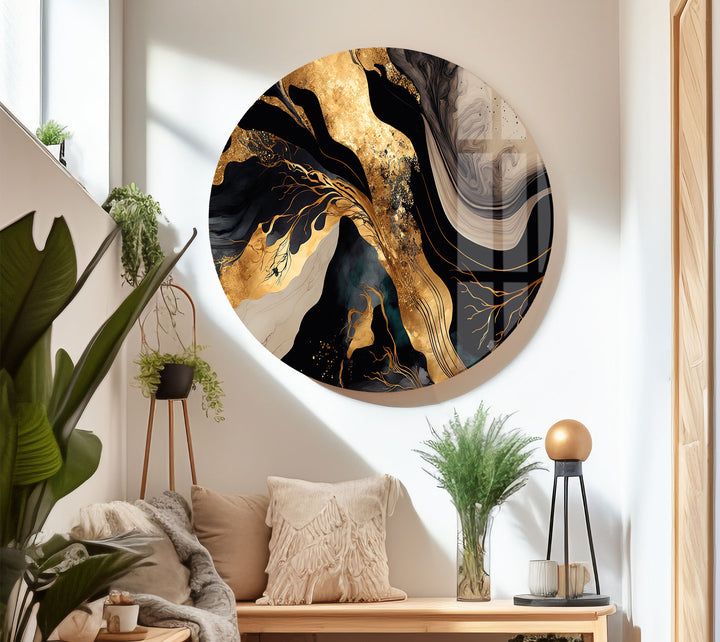 Black & Gold Abstract Glass Wall Art – Luxury Modern Fluid Design