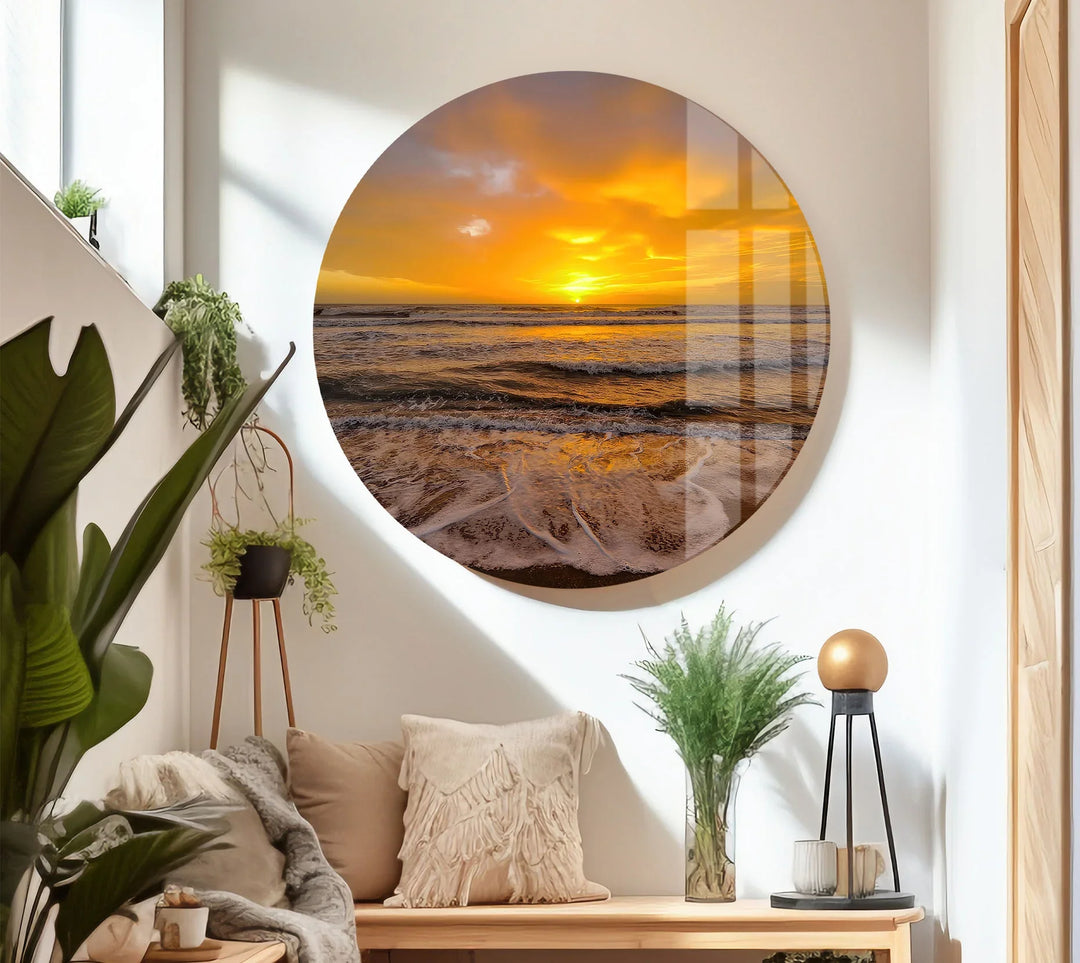 Golden Sunset Over Ocean Waves – Seashore Wall Art on Tempered Glass - MyPhotoStation