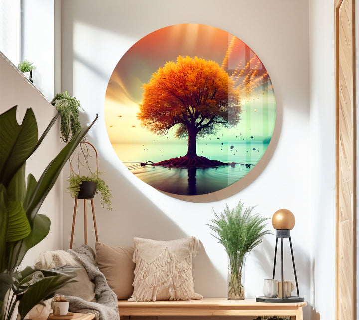Schwebende Herbstbaum-Wandkunst – Ruhiges Landschafts-Glasdruck-Design