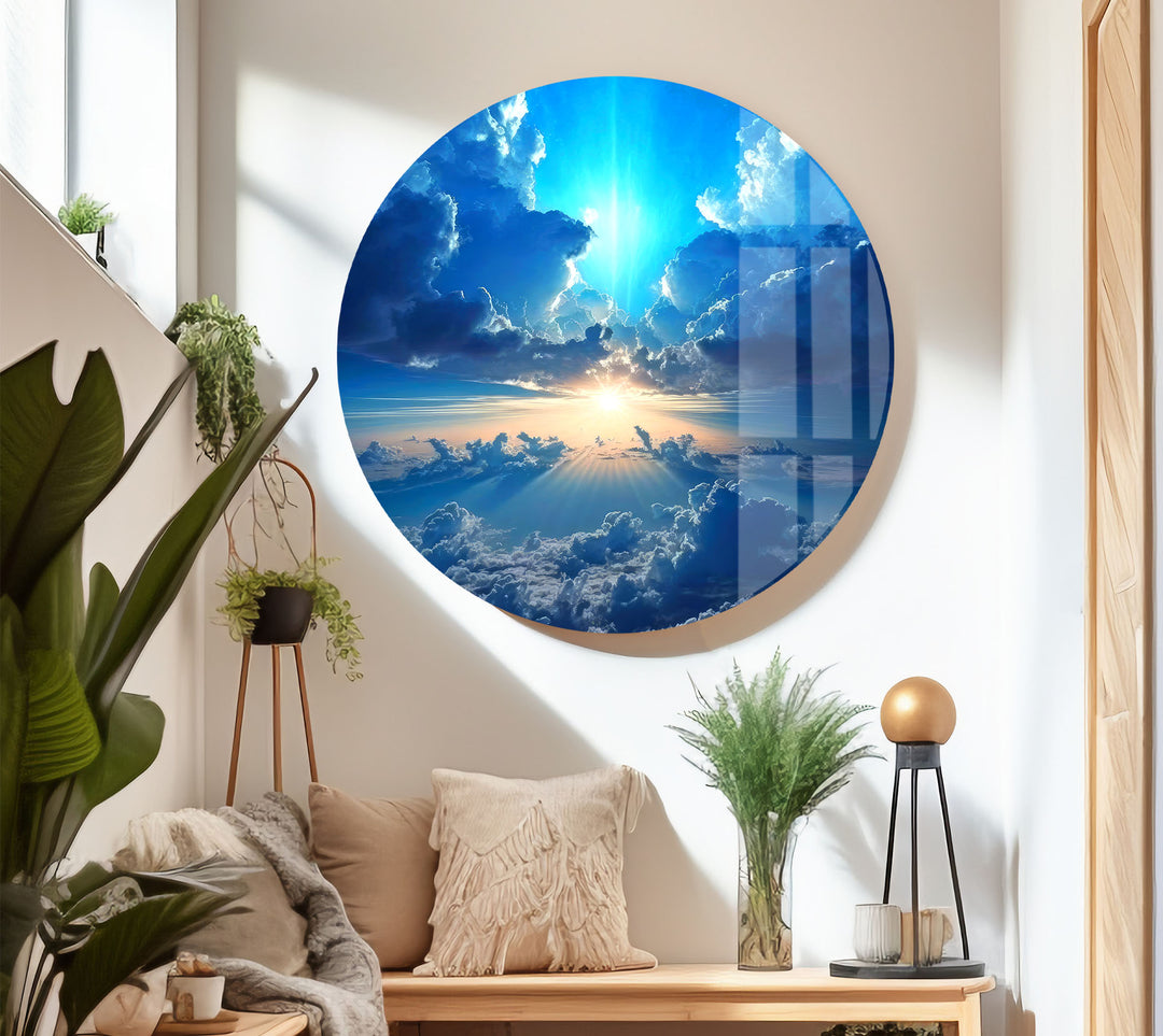 Himmlischer Himmel Wandkunst – Strahlende Wolken und Lichtstrahl Glasdruck