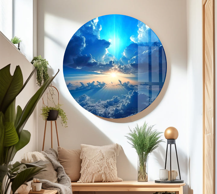 Himmlischer Himmel Wandkunst – Strahlende Wolken und Lichtstrahl Glasdruck