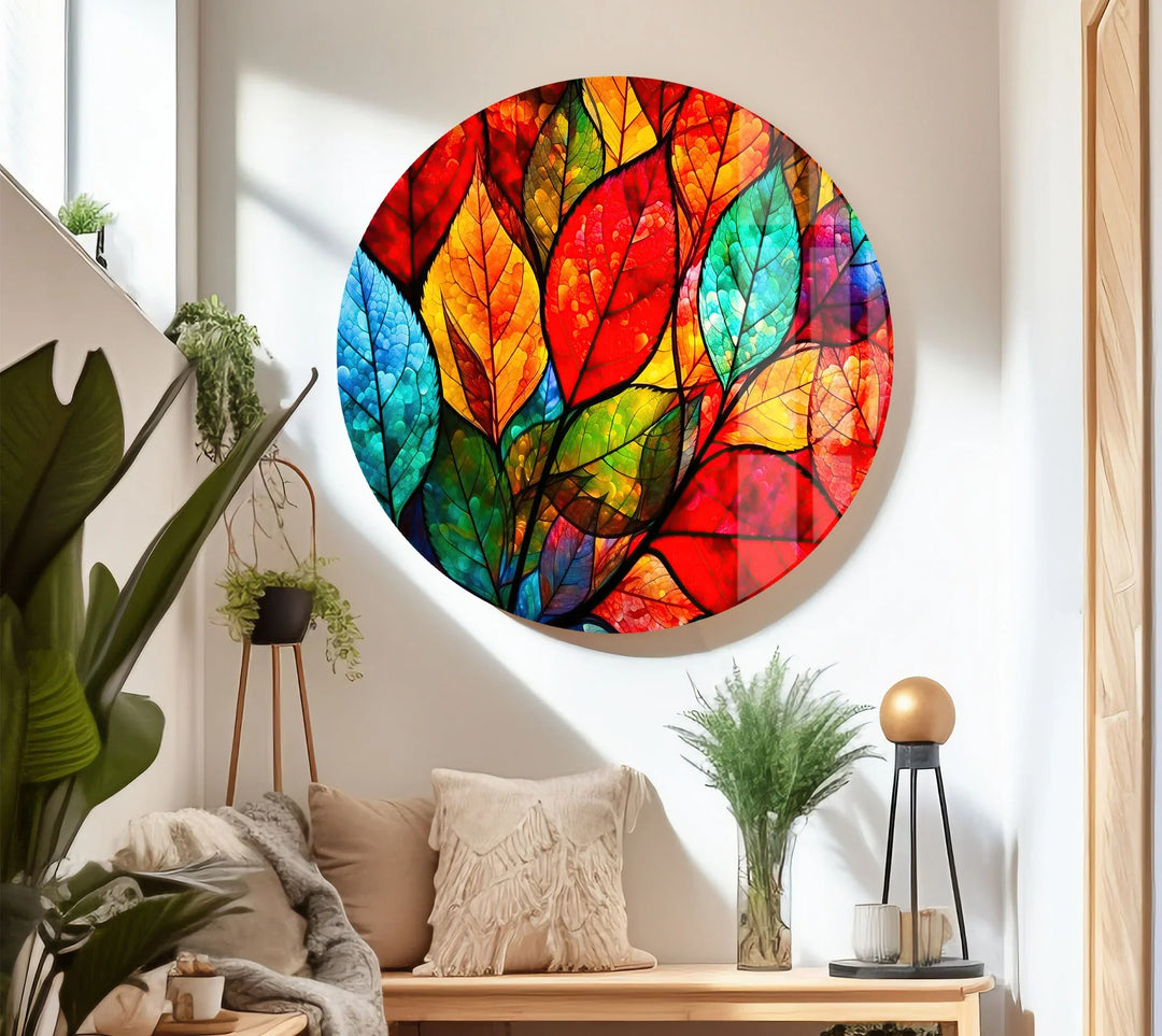 Vibrant Stained Glass Leaf Wall Art – Colorful Botanical Glass Decor - MyPhotoStation