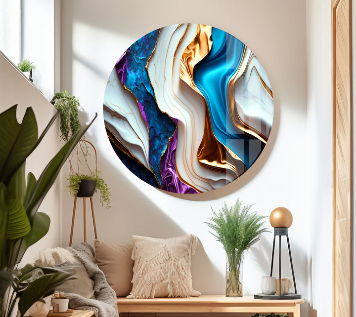 Colorful Marble Abstract Wall Art – Blue, Purple & Gold Glass Print Design