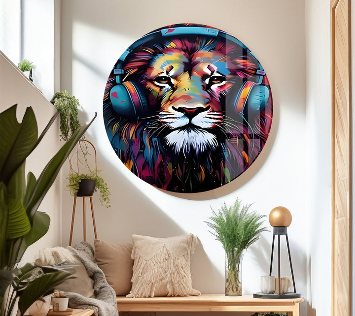 Lion with Headphones Glass Wall Art Glass Printing Wall Art, Print photos on glass
