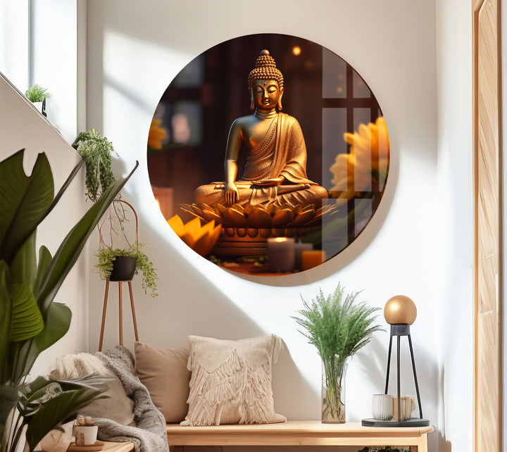 Golden Buddha Serenity Wall Art – Peaceful Candlelit Meditation Glass Print