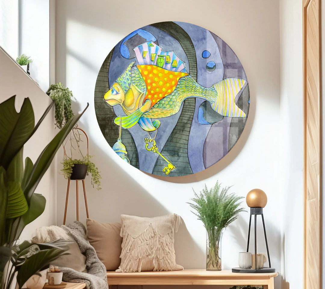 Surreal Fantasy Fish Wall Art – Whimsical Glass Print with Key & Lantern - MyPhotoStation