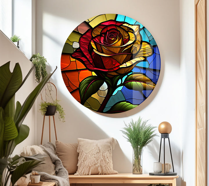 Rote Rose Buntglas-Wandkunst – Farbenfrohes florales Glasdruck-Design