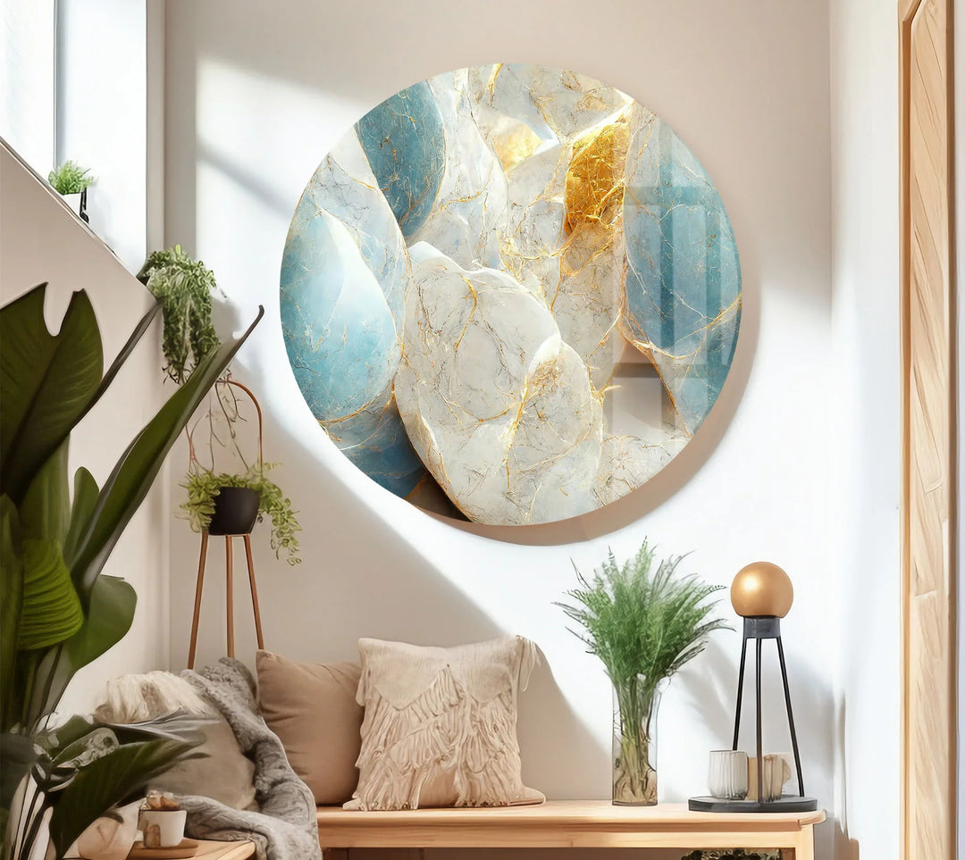 Blue White Marble Wall Art – Elegant Stone Glass Print with Gold Veining for Modern Luxury Interior Decor - MyPhotoStation
