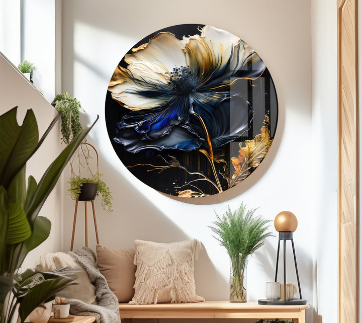 Blue and Gold Floral Wall Art – Elegant Dark Botanical Glass Print for Modern Luxury Decor