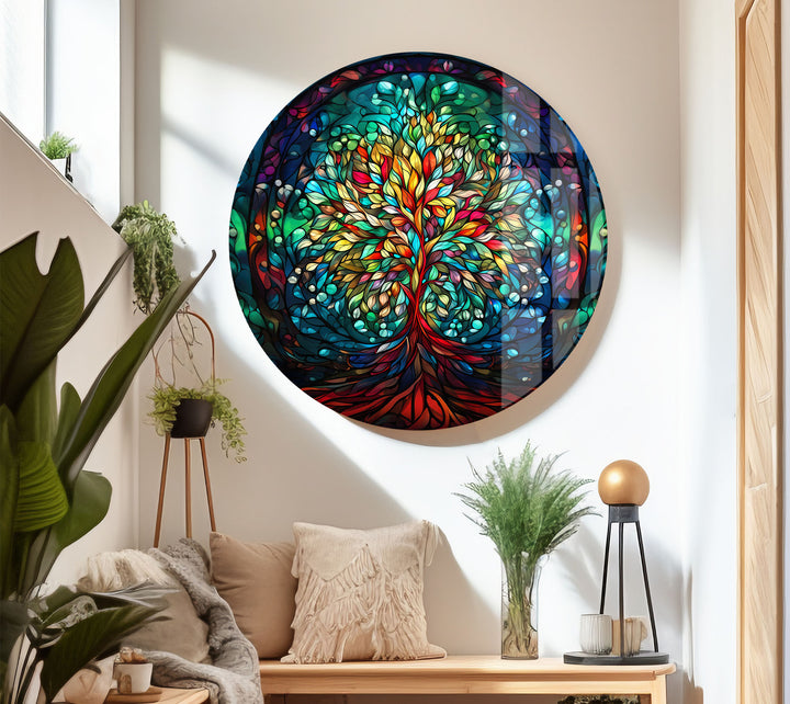 Baum des Lebens Buntglas-Wandkunst – Farbenfrohes vertikales Glasdruckdesign
